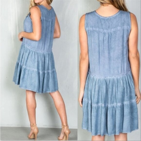 Boho Babe Baby Doll Blue Shift mini Dress - Picture 2 of 4